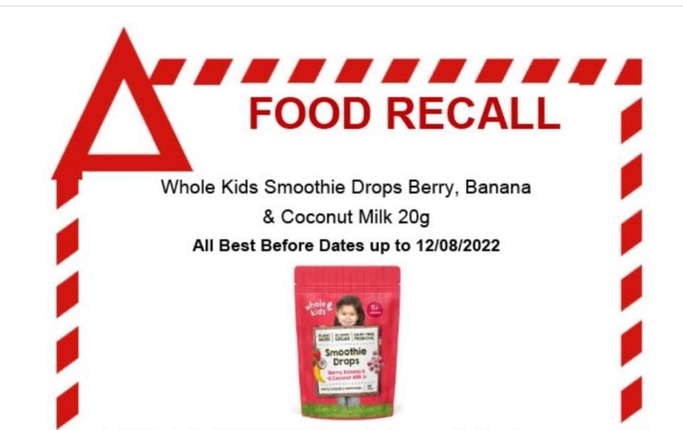 An urgent recall has been issued for Whole Kids Smoothie Drops Berry, Banana and Coconut Milk 20g. Source: Food Standards Australia