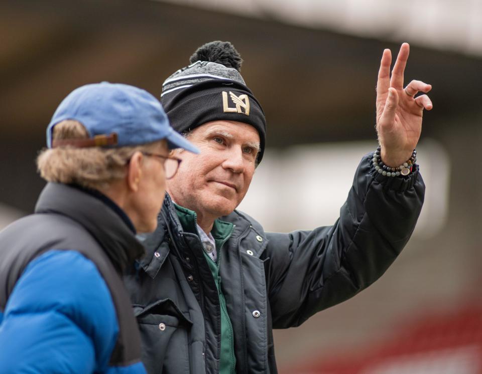 Wrexham, Wrexham County Borough, Wales. 11th February 2023. Surprise visitor Will Ferrell, arrives ahead of Wrexham’s game, during Wrexham Association Football Club V Wealdstone Football Club at The Racecourse Ground, in in the Vanarama National League. (Credit Image: ©Cody Froggatt/Alamy Live News)
