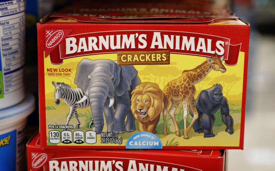 This Monday, Aug. 20, 2018, photo shows a box of Nabisco Barnum's Animals crackers on the shelf of a local grocery store in Des Moines, Iowa. Mondelez International says it has redesigned the packaging of its Barnum’s Animals crackers after relenting to pressure from People for the Ethical Treatment of Animals. (AP Photo/Charlie Neibergall)