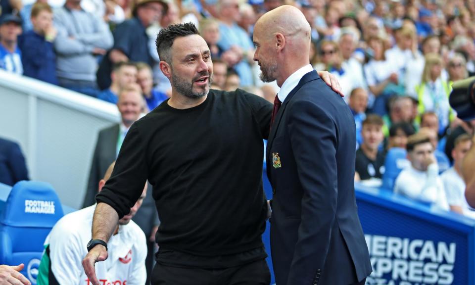 <span>Roberto De Zerbi with Erik ten Hag during <a class="link " href="https://sports.yahoo.com/soccer/teams/brighton/" data-i13n="sec:content-canvas;subsec:anchor_text;elm:context_link" data-ylk="slk:Brighton;sec:content-canvas;subsec:anchor_text;elm:context_link;itc:0">Brighton</a>’s loss to <a class="link " href="https://sports.yahoo.com/soccer/teams/man-utd/" data-i13n="sec:content-canvas;subsec:anchor_text;elm:context_link" data-ylk="slk:Manchester United;sec:content-canvas;subsec:anchor_text;elm:context_link;itc:0">Manchester United</a> on 19 May. The Italian could replace the Dutchman at Old Trafford.</span><span>Photograph: Pedro Soares/SPP/Shutterstock</span>