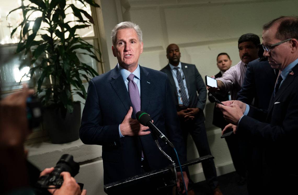 Speaker of the House Kevin McCarthy (R-CA) speaks to reporters at the United States Capitol on Tuesday, Oct, 3, 2023.