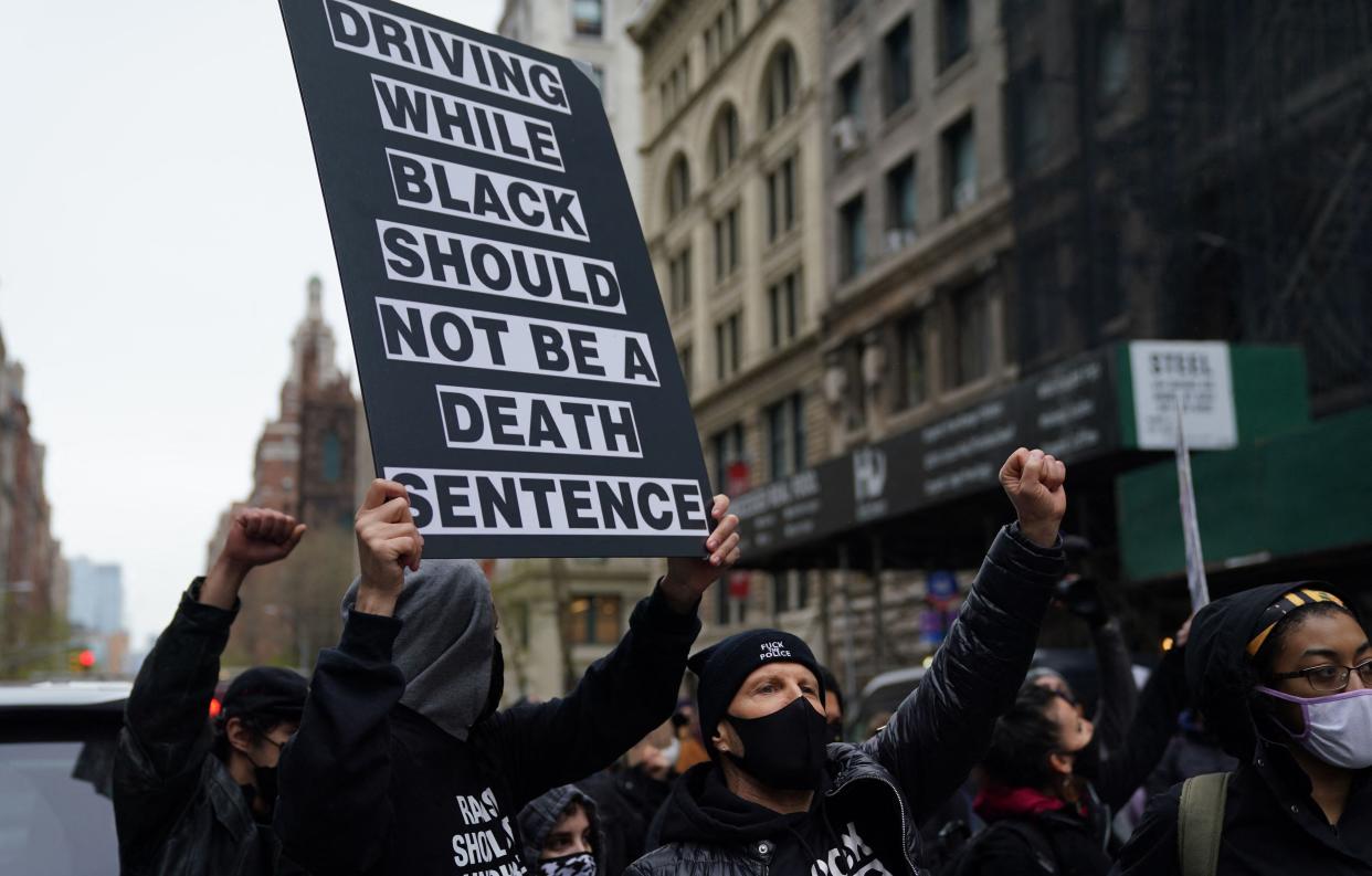 Protestors gather in Washington Square Park in New York April 12, during a protest after a suburban Minneapolis police officer fatally shot 20-year-old Daunte Wright during a traffic stop. 