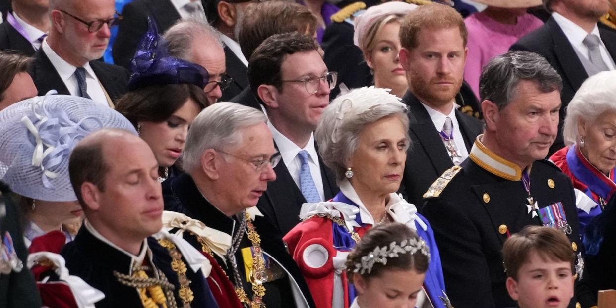 london, england may 06 front row l r prince william, prince of wales, princess charlotte, prince louis and catherine, princess of wales and prince harry, duke of sussex during the coronation ceremony of king charles iii and queen camilla in westminster abbey, on may 6, 2023 in london, england the coronation of charles iii and his wife, camilla, as king and queen of the united kingdom of great britain and northern ireland, and the other commonwealth realms takes place at westminster abbey today charles acceded to the throne on 8 september 2022, upon the death of his mother, elizabeth ii photo by victoria jones wpa poolgetty images