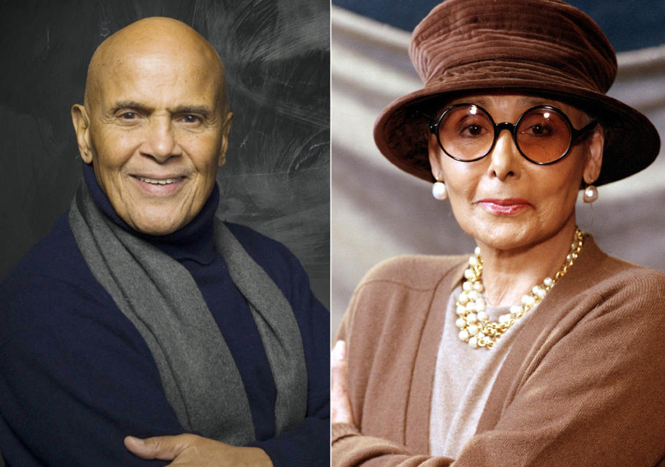 This combination photo shows actor, singer and activist Harry Belafonte during the 2011 Sundance Film Festival in Park City, Utah on Jan. 21, 2011, left, and singer, actress and activist Lena Horne in New York on April 7, 1994. Horne was a fierce advocate for civil rights in her later years, but that part of her legacy is often pushed behind her glamorous image. Her good friend Harry Belafonte hopes that a new award in her honor will push that aspect of her life front and center. The newly created Lena Horne Prize for Artists Creating Social Impact was announced last month. On Friday, it was revealed that Solange Knowles would become the first recipient of the prize, to be awarded in a ceremony at New York’s Town Hall on Feb. 28. (AP Photo)