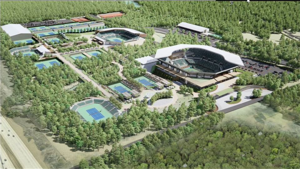 A rendering of what tennis and other courts could have looked like in Charlotte’s River District.