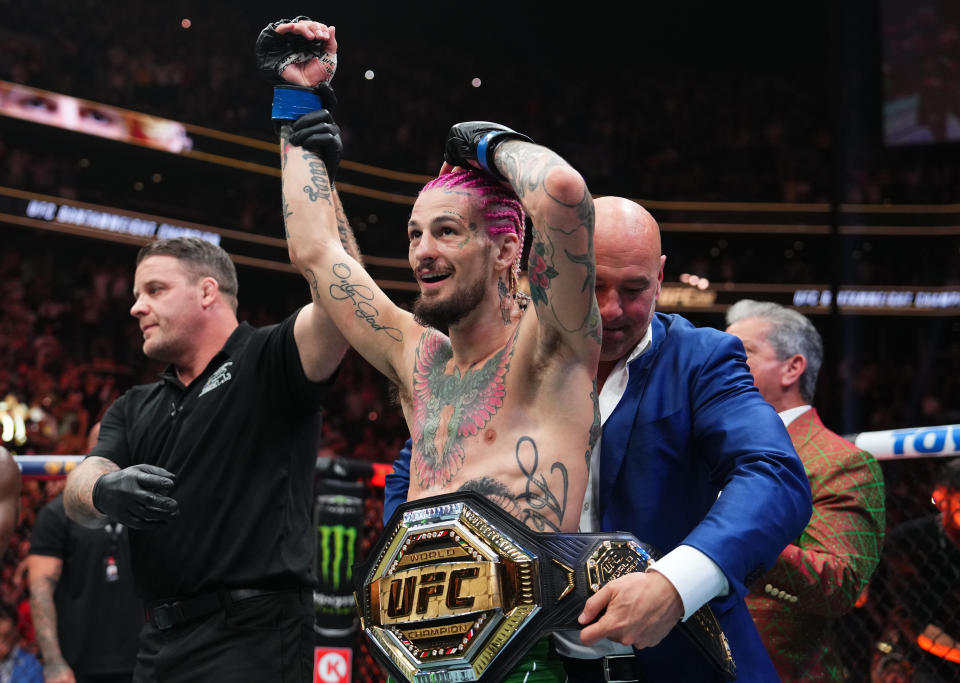 Sean O'Malley reacts after his knockout victory over Aljamain Sterling in the UFC bantamweight championship fight during the UFC 292 event at TD Garden on August 19, 2023 in Boston. (Photo by Cooper Neill/Zuffa LLC via Getty Images)