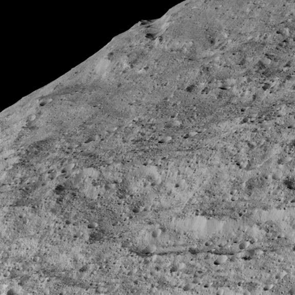 This view of Ceres, taken by NASA's Dawn spacecraft on December 10, shows an area in the southern mid-latitudes of the dwarf planet. It is located in an area around a crater chain called Samhain Catena, from an approximate distance of 240 miles