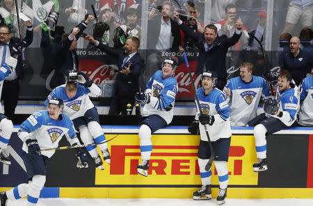 Ice Hockey World Championships - Final - Canada v Finland - Ondrej Nepela Arena, Bratislava, Slovakia - May 26, 2019 Finland's players celebrate after winning the World Championship. REUTERS/Vasily Fedosenko