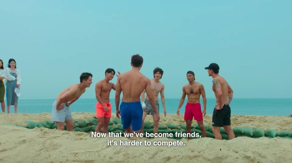 The men stand in the mud pool and say that now that they've become friends, it's harder to compete