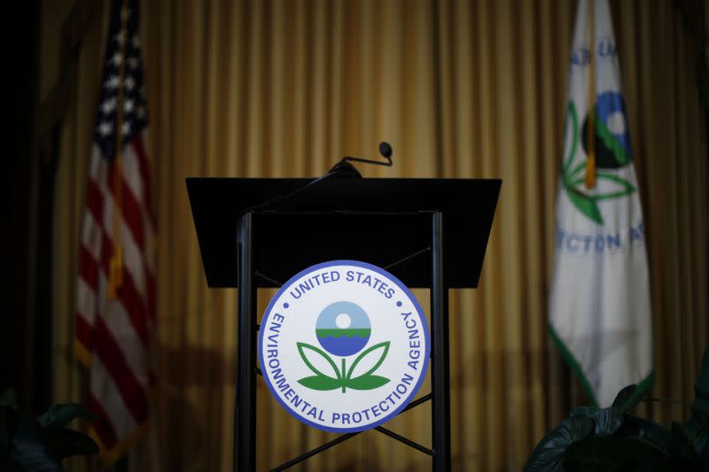 Podium awaits the arrival of U.S. EPA Acting Administrator Andrew Wheeler to address staff at EPA Headquarters in Washington