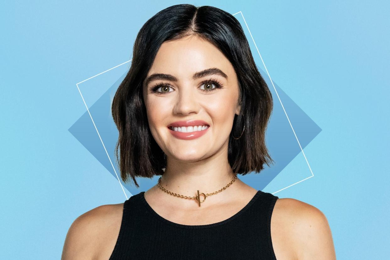 Lucy Hale on a blue background