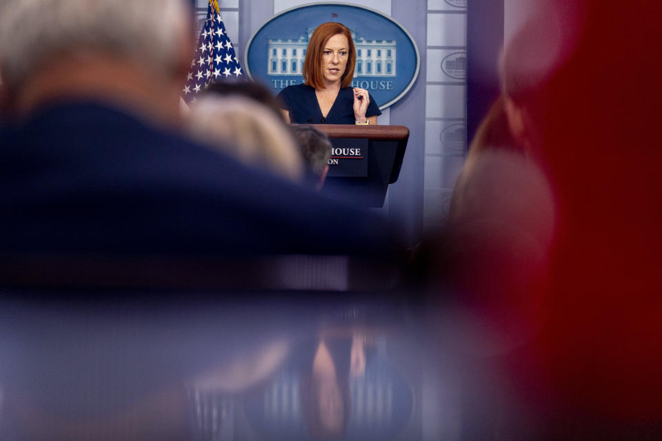 White House press secretary Jen Psaki speaks during a press briefing in the briefing room of the White House in Washington, Thursday, July 22, 2021. (AP Photo/Andrew Harnik)