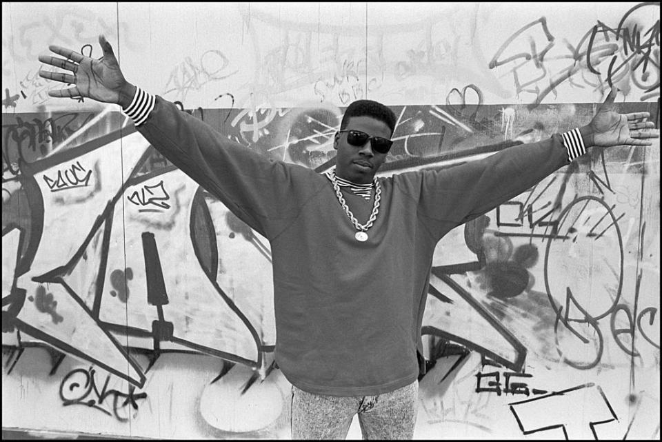 Schoolly D (Jesse Weaver) on Harrow Road, London, UK, 1986. (Credit: David Corio/Redferns via Getty Images)