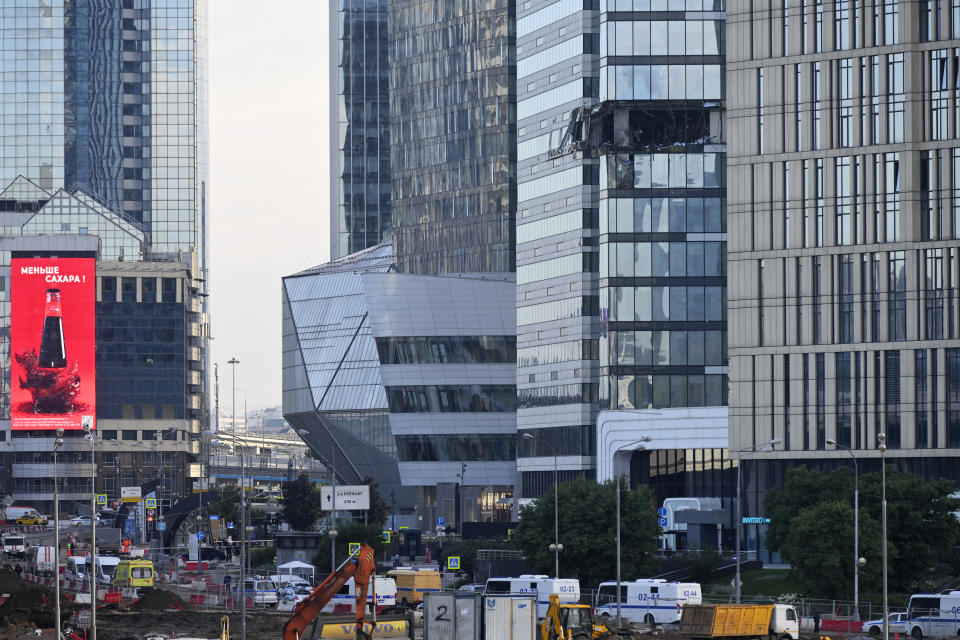 A view of the damaged skyscraper is shown in the "Moscow City" business district after a reported drone attack in Moscow, Russia, early Sunday, July 30, 2023. (AP Photo)