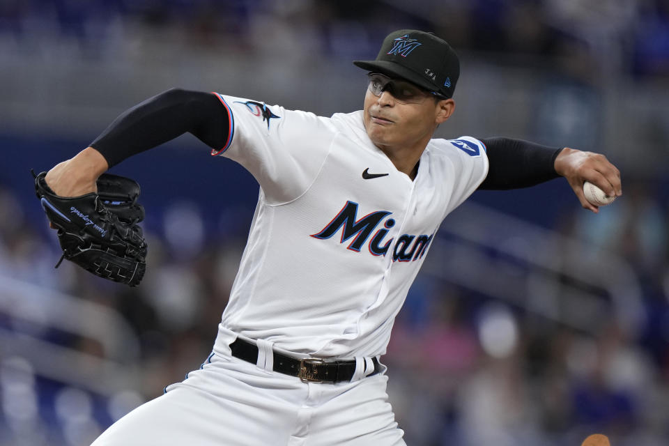 Miami Marlins' Jesus Luzardo delivers a pitch during the first inning of a baseball game against the Los Angeles Dodgers, Tuesday, Sept. 5, 2023, in Miami. (AP Photo/Wilfredo Lee)