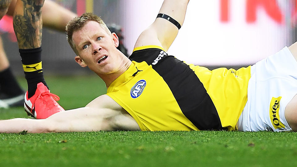 Jack Riewoldt, pictured here appealing for the contentious free kick.