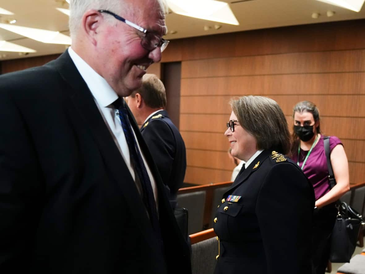 Minister Emergency Preparedness Bill Blair leaves after appearing as a witness as RCMP Commissioner Brenda Lucki arrives to appear as a witness at the Standing Committee on Public Safety and National Security on Parliament Hill in Ottawa on Monday, July 25, 2022. The committee is looking into allegations of political interference in the 2020 Nova Scotia Mass Murder Investigation. (The Canadian Press - image credit)