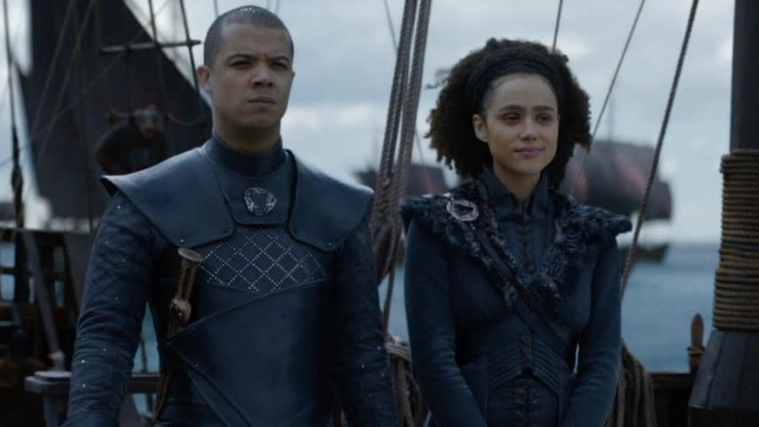 Jacob Anderson as Grey Worm and Nathalie Emmanuel as Missandei in 'Game of Thrones'. (Credit: HBO)