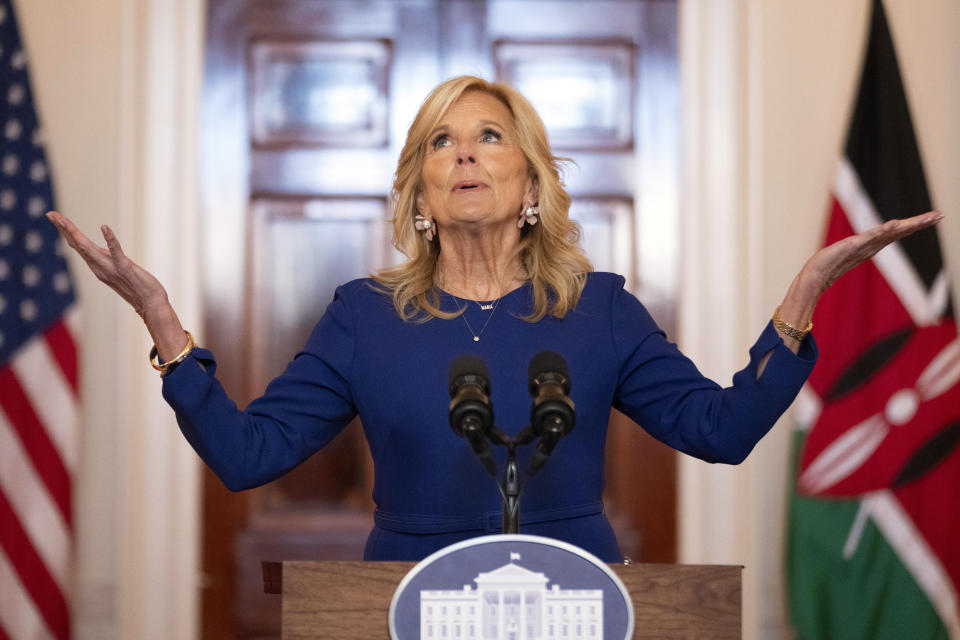 First lady Jill Biden gestures upward while speaking about how the State Dinner with Kenya's President William Ruto will be "under the stars," Wednesday, May 22, 2024, during a media preview of Thursday evening's State Dinner, at the White House in Washington. (AP Photo/Jacquelyn Martin)