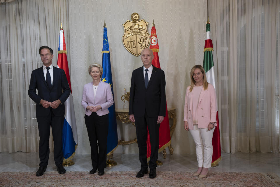 From left, Dutch Prime Minister Mark Rutte, European Commission President Ursula von der Leyen, Tunisian President Kais Saied, and Italian Premier Giorgia meloni meet in Tunis, Sunday, June 11, 2023. Tunisia's president is hosting the leaders of Italy, the Netherlands and the European Union for talks aimed at smoothing the way for an international bailout. The European leaders want to restore stability to a country that has become a major source of migration to Europe. (Italian Premier Office via AP, ho)