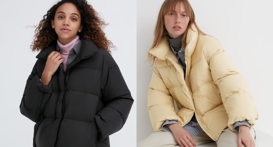 model with curly hair in black jacket and yellow jacket, Powder Soft Down Jacket in black and yellow (photos via Uniqlo)