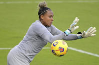 Brazil goalkeeper Barbara blocks a shot during the second half of a SheBelieves Cup women's soccer match against Canada, Wednesday, Feb. 24, 2021, in Orlando, Fla. (AP Photo/Phelan M. Ebenhack)
