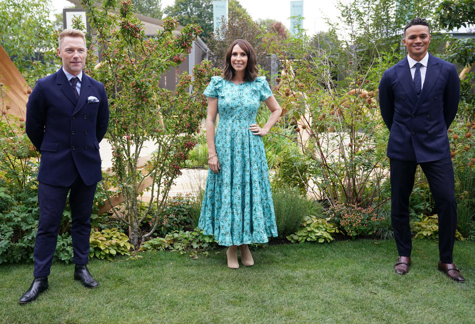 The BBC One Show presenters (left-right) Ronan Keating, Alex Jones and Jermaine Jenas, during a photocall to officially open the BBC One Show and RHS Garden of Hope, at the RHS Chelsea Flower Show press day, at the Royal Hospital Chelsea, London. Picture date: Monday September 20, 2021. (Photo by Yui Mok/PA Images via Getty Images)