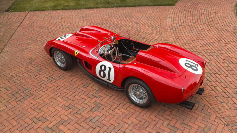 A rear 3/4 view of the 1958 Ferrari 250 “Pontoon Fendered” Testa Rossa