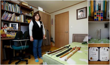 A combination picture shows Kim Youn-sil, mother of Jeong Cha-woong, a high school student who died in the Sewol ferry disaster, as she poses for a photograph in her son's room, as well as details of objects, in Ansan April 8, 2015. REUTERS/Kim Hong-Ji