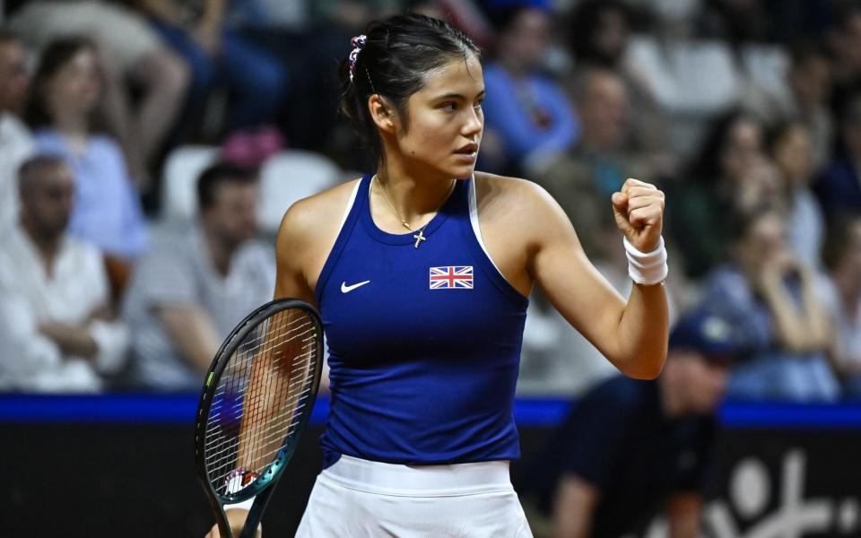 Emma Raducanu of Great Britain reacts against Diane Parry of France during the Billie Jean King Cup Qualifier match between France and Great Britain at Le Chaudron on April 13, 2024 in Le Portel, France.