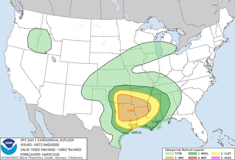 The area at greatest risk for severe weather Wednesday is in orange, and includes parts of Texas, Oklahoma, Arkansas, Louisiana and Mississippi.