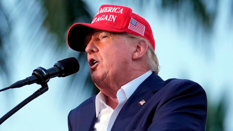 PHOTO: Republican presidential candidate former President Donald Trump speaks at a campaign rally at Trump National Doral Miami, July 9, 2024, in Doral, Fla.  (Rebecca Blackwell/AP)