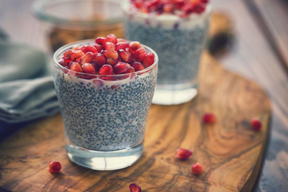 <p><a href="https://www.prevention.com/food-nutrition/healthy-eating/a19596889/health-benefits-of-chia-seeds/" rel="nofollow noopener" target="_blank" data-ylk="slk:Chia seeds;elm:context_link;itc:0;sec:content-canvas" class="link ">Chia seeds</a> may be tiny, but they’re mighty with filling fiber, omega 3 fatty acids, magnesium for healthy bones, and <a href="https://www.prevention.com/food-nutrition/healthy-eating/g26895324/complete-protein-foods-list/" rel="nofollow noopener" target="_blank" data-ylk="slk:complete plant-based protein;elm:context_link;itc:0;sec:content-canvas" class="link ">complete plant-based protein</a>. Because they absorb water so well, downing chia is also thought to help boost your satiety.</p><p><strong>Try it: </strong><a href="https://www.prevention.com/food-nutrition/a30170512/vanilla-chia-seed-pudding-recipe/" rel="nofollow noopener" target="_blank" data-ylk="slk:Vanilla Chia Seed Pudding;elm:context_link;itc:0;sec:content-canvas" class="link ">Vanilla Chia Seed Pudding</a></p>