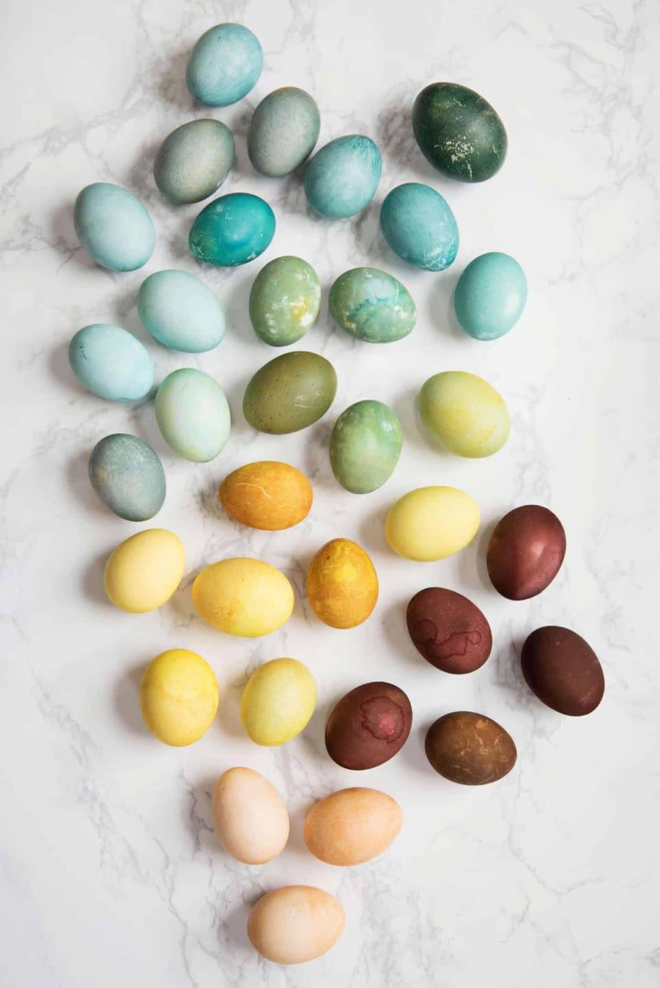 <p>No food coloring on hand? No problem. These earthy eggs are all-natural, created with food-based dyes. </p><p><strong>Get the tutorial at <a href="https://abeautifulmess.com/naturally-dyed-easter-eggs/" rel="nofollow noopener" target="_blank" data-ylk="slk:A Beautiful Mess" class="link ">A Beautiful Mess</a>. </strong> </p>