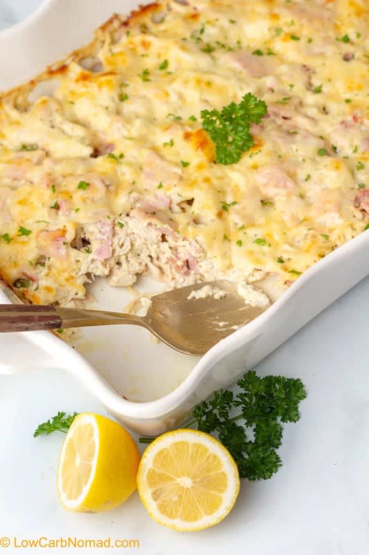 <p>Low Carb Nomad</p><p>All the flavors of the traditional recipe without all the work and carbs.</p><p><strong>Get the recipe: <a href="https://www.lowcarbnomad.com/chicken-cordon-bleu-casserole/" rel="nofollow noopener" target="_blank" data-ylk="slk:Chicken Cordon Bleu Casserole;elm:context_link;itc:0;sec:content-canvas" class="link rapid-noclick-resp">Chicken Cordon Bleu Casserole</a></strong></p>