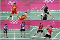 BADMINTON SCANDAL: A combination image shows the women's doubles pair of (clockwise from top left) China's Wang Xiaoli (L) and Yang Yu, South Korea's Jung Kyung Eun (Top) and Kim Ha Na, Indonesia's Greysia Polii and Meiliana Jauhari and South Korea's Ha Jung-eun (L) and Kim Min-jung during their matches during the London 2012 Olympics.