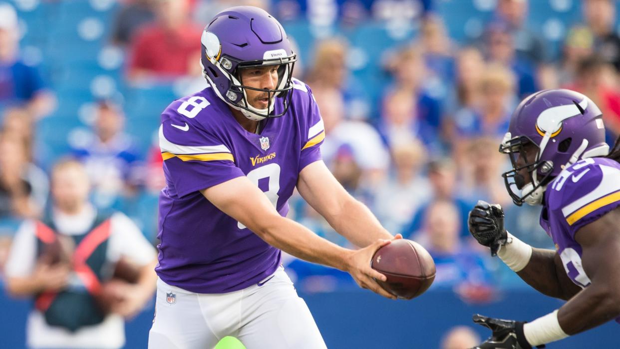 ORCHARD PARK, NY - AUGUST 10:  Sam Bradford #8 hands the ball off to Dalvin Cook #33 of the Minnesota Vikings during the first quarter of a preseason game against the Buffalo Bills on August 10, 2017 at New Era Field in Orchard Park, New York.