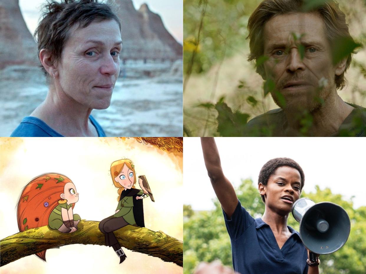 Clockwise: Willem Dafoe in 'Siberia', Letitia Wright in 'Mangrove', 'Wolfwalkers' and Frances McDormand in 'Nomadland' (LFF)