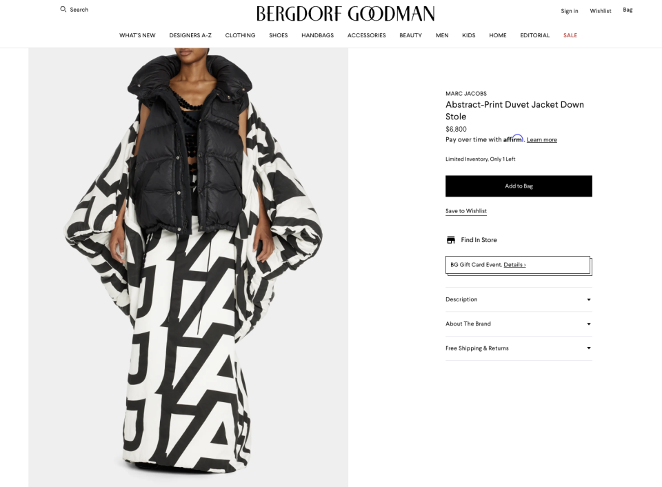 PHOTO / <a href="https://www.bergdorfgoodman.com/p/marc-jacobs-abstract-print-duvet-jacket-down-stole-prod174710157?childItemId=BGB7KEP_&navpath=cat000000_cat000001_cat20056&page=0&position=9&uuid=PDP_PAGINATION_d4b0e605eb238d778c27ea10f528740d_fOEEbii__sFWmBI9hXDnVcj-tTGjcalMXuA50SoH.jsession" rel="nofollow noopener" target="_blank" data-ylk="slk:BERGDORF GOODMAN;elm:context_link;itc:0;sec:content-canvas" class="link ">BERGDORF GOODMAN</a>