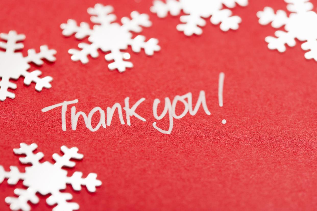 'thank you' written on christmas card