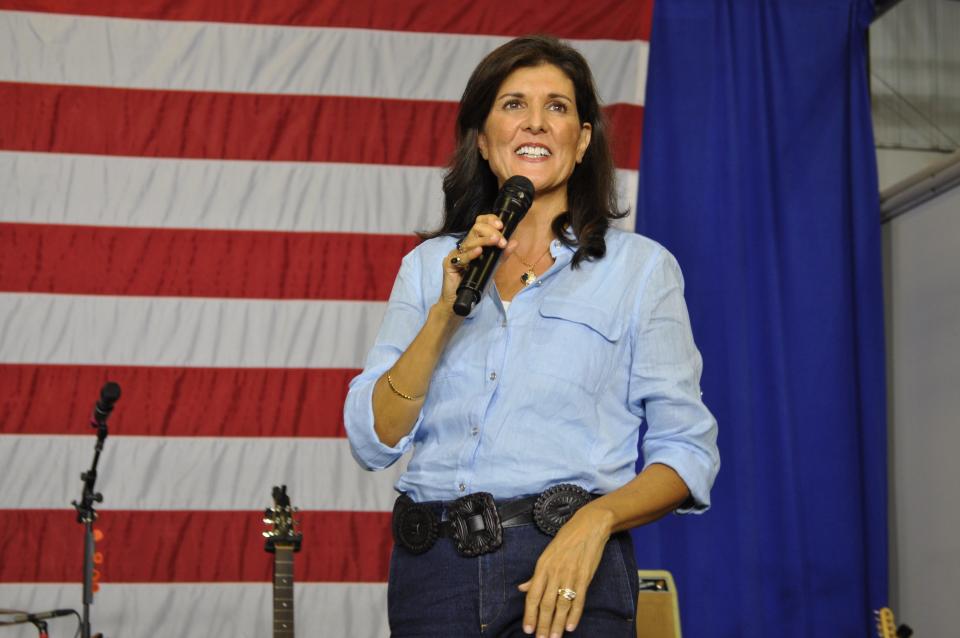 Republican presidential candidate Nikki Haley campaigns in Cedar Rapids, Iowa, where she told the crowd that she was running for president: “For my husband Michael and his military brothers and sisters. They need to know their sacrifice means something and that we do love our country.”