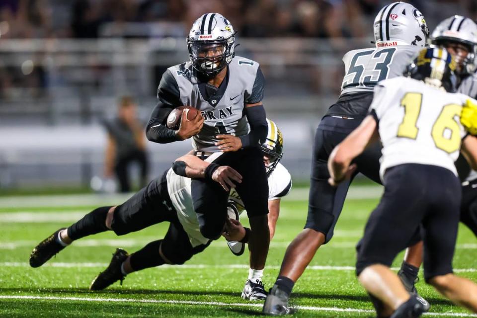 Gray Collegiate War Eagles running back BJ Montgomery (1) rushes against the Camden Bulldogs during their game at Gray Collegiate Academy in West Columbia, SC, Friday, September 8, 2023.