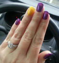 <div class="caption-credit"> Photo by: SkolViking</div>SkolViking put a twist on her purple manicure with a complementary yellow accent.