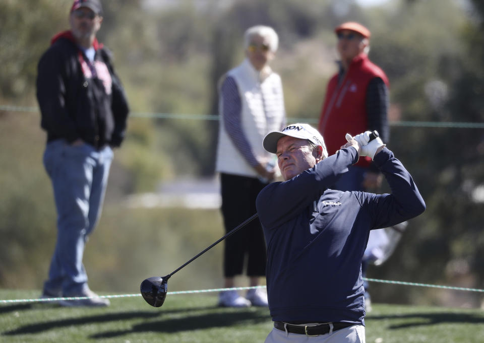 Kirk Triplett tees off at two during the Cologuard Classic golf tournament at Omni Tucson National Resort in Tucson, Ariz., Friday, Feb. 25, 2022. (Rick Wiley/Arizona Daily Star via AP)