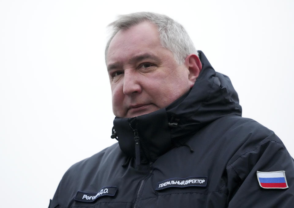 BAIKONUR, KAZAKHSTAN - DECEMBER 8: The head of Russia's Roscosmos space agency, Dmitry Rogozin, attends a report ceremony for the crew of Japanese billionaire Yusaku Maezawa, his assistant Yozo Hirano and Russian cosmonaut Alexander Misurkin ahead of the launch at the Baikonur cosmodrome on December 8, 2021. - Japanese billionaire Yusaku Maezawa and his assistant Yozo Hirano, led by Roscosmos cosmonaut Alexander Misurkin, will blast off to the International Space Station (ISS) onboard the Soyuz MS-20 spacecraft from the Russia-leased Baikonur cosmodrome in Kazakhstan at 0738 GMT. (Photo by Pavel Pavlov/Anadolu Agency via Getty Images)