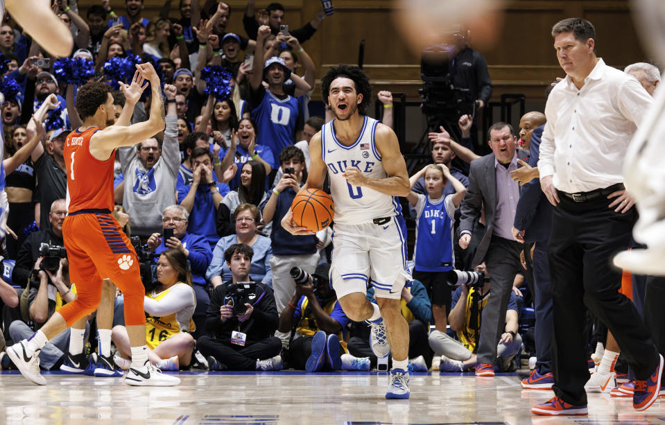 Duke's Jared McCain (0) celebrates after defeating Clemson in an NCAA college basketball game in Durham, N.C., Saturday, Jan. 27, 2024. (AP Photo/Ben McKeown)