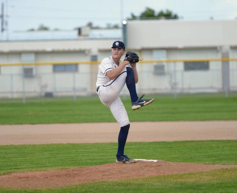 Central Catholic pitcher TP Wentworth delivers a pitch during a Valley Oak League matchup with Manteca at Manteca High School on Friday, April 26, 2024.