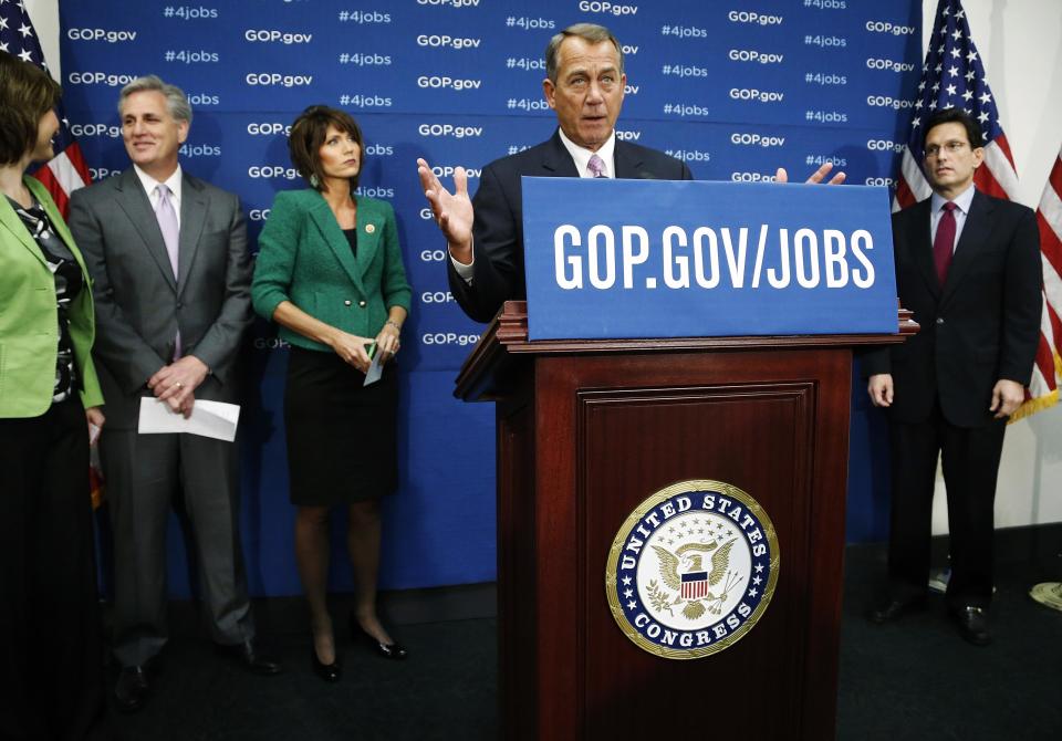 Boehner is flanked by Rodgers, McCarthy, Noem and Cantor during a news conference after a House Republican caucus meeting in Washington