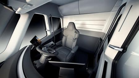 An interior view of the Tesla Semi, the company's electric big-rig truck, is seen in this undated handout image released on November 16, 2017. Tesla/Handout via REUTERS