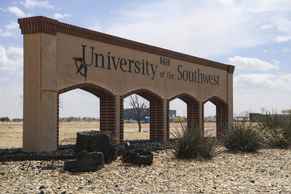 The University of the Southwest hosted a news conference Thursday, March 17, 2022 regarding the USW golf team car wreck at their campus in Hobbs, N.M. Late Tuesday, the University of the Southwest men's and women's golf teams were involved in a fatal car crash half a mile north of State Highway 115 on Farm-to-Market Road 1788 in Andrews County while on the way back from tournament play in Midland. Nine people were killed in the wreck including six students, one coach, and two in a pickup that collided head-on with the university's van. (Eli Hartman/Odessa American via AP)